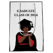 白黒卒業にこにこやかな女性 ミディアムペーパーバッグ (裏面)