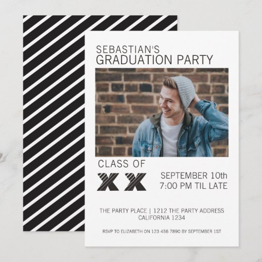 白黒卒業ストライプの会 招待状 (正面/裏面)
