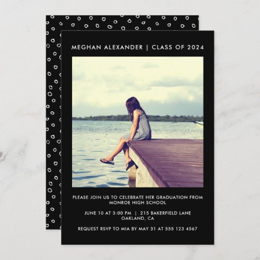 白黒卒業パーティーの写真 招待状 (正面/裏面)