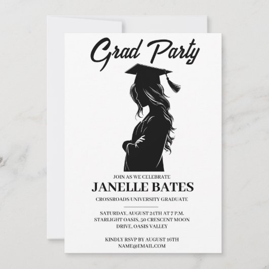 白黒卒業モダンパーティーの招待状 招待状 (正面)