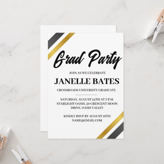 白黒卒業モダンパーティーの招待状 招待状 (正面/裏面インサイチュ)