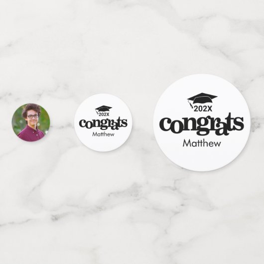 白黒卒業3写真はっきりしたタイポグラフィ コンフェッティ (正面)