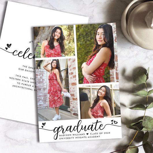 白黒卒業4写真書道ハート 案内状