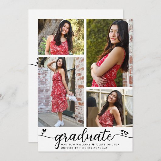 白黒卒業4写真書道ハート 案内状 (正面/裏面)