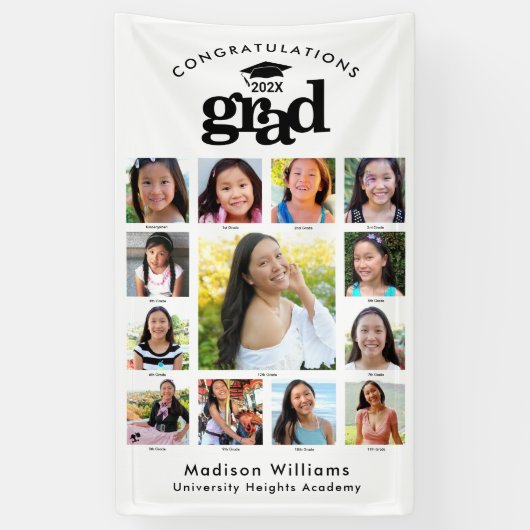 白黒卒業K-12フォトコラージュモダン 横断幕 (縦)