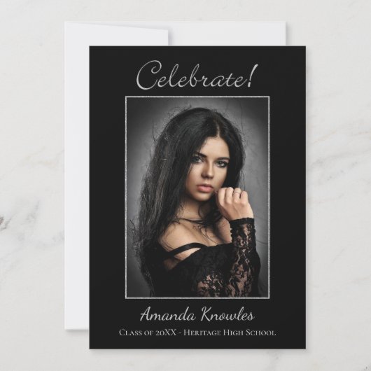 白黒印象的な写真卒業パーティー 招待状 (正面)