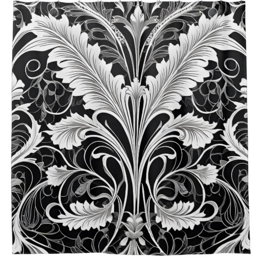 白黒及びグレー花シャワーカーテンスタイル2 シャワーカーテン (正面)