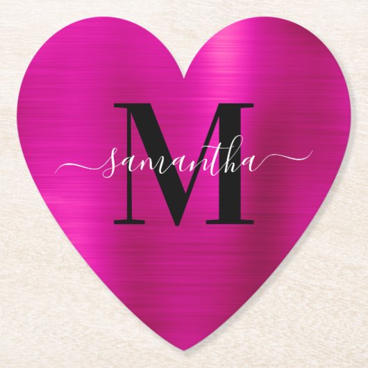 白黒及びフェイクホットピンク箔ハート ペーパーコースター (正面)