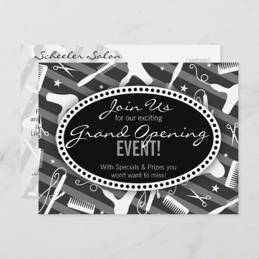 白黒及び灰色のヘアーサロンのオープン インビテーションポストカード (正面/裏面)