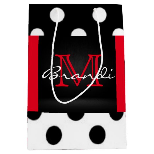 白黒及び赤の水玉模様及びモノグラム ミディアムペーパーバッグ (正面)