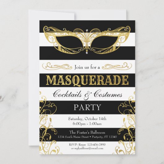 白黒及び金ゴールドの仮面舞踏会のマスクの衣裳のパーティー 招待状 (正面)