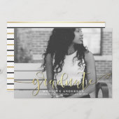 白黒及び金ゴールドの原稿及びストライプは写真を卒業させます 案内状 (正面/裏面)