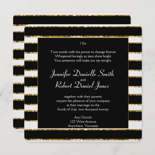 白黒及び金ゴールドグリッター結婚の 招待状 (正面/裏面)