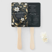 白黒及び金ゴールドフローラリース結婚式 プログラム ハンドファン (正面&裏面)