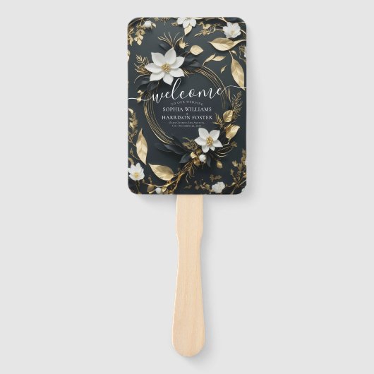 白黒及び金ゴールドフローラリース結婚式 プログラム ハンドファン (正面)