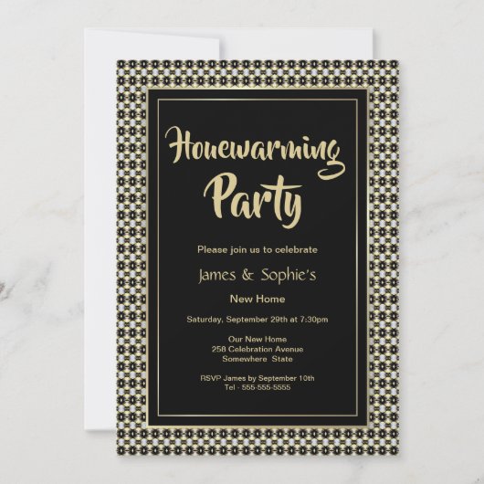 白黒及び金ゴールド引っ越し祝いパーティーパーティー 招待状 (正面)