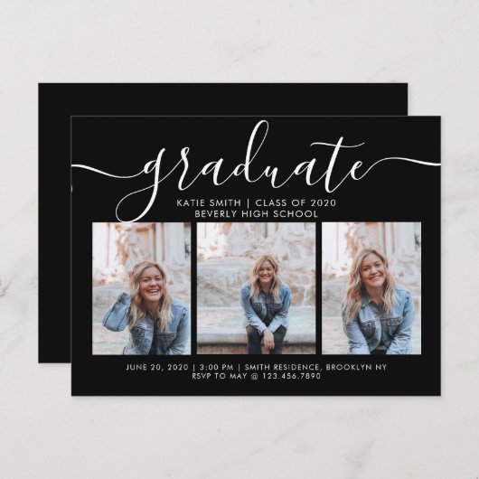 白黒台本の書道の卒業式3写真 インビテーションポストカード (正面/裏面)