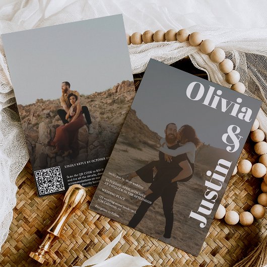 白黒名はっきりした2枚Qrコード結婚ズ 招待状