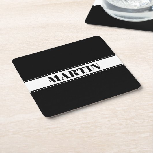 白黒名前をカスタムするストライプ スクエアペーパーコースター (アングル)