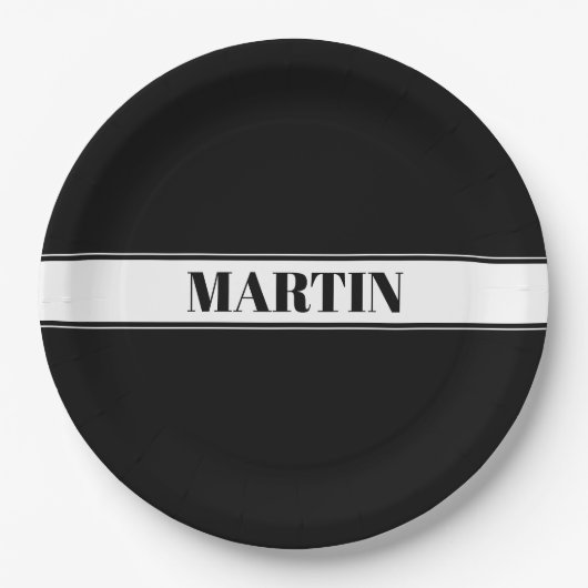 白黒名前をカスタムするストライプ ペーパープレート (正面)