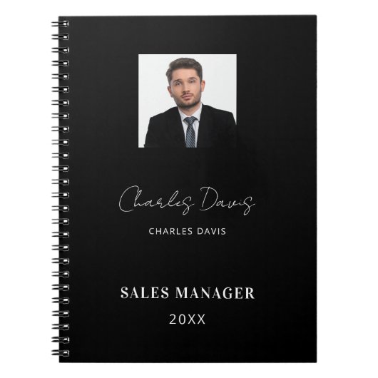 白黒名前署名写真ビジネス ノートブック (正面)