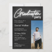 白黒壁ネオン写真卒業パーティー 招待状 (正面)