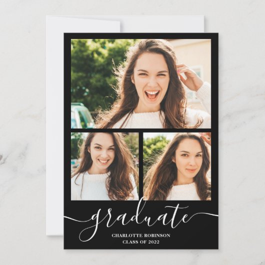 白黒大学院生の台本3枚の写真卒業 招待状 (正面)