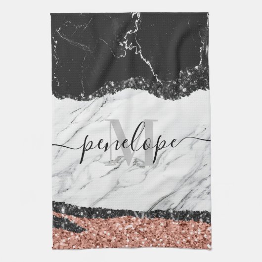 白黒大理石とグリッター キッチンタオル (縦)