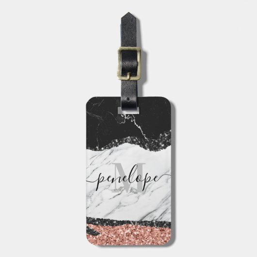 白黒大理石とグリッター ラゲッジタグ (正面縦)