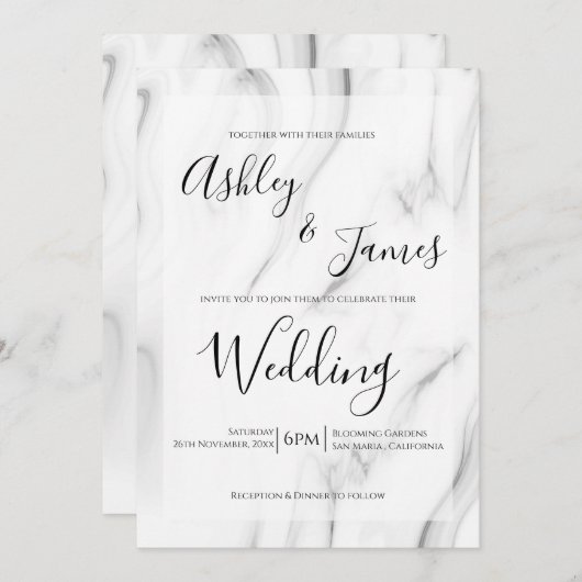白黒大理石エレガントスクリプト結婚式の招待 招待状 (正面/裏面)