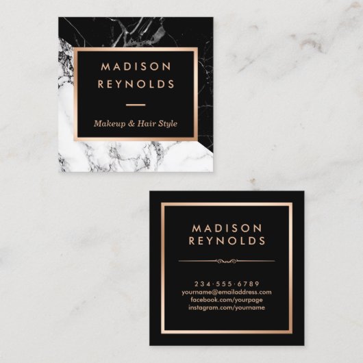 白黒大理石バラ金ゴールド美しいサロン スクエア名刺 (正面/裏面)