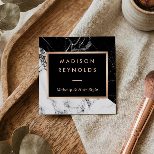 白黒大理石バラ金ゴールド美しいサロン スクエア名刺