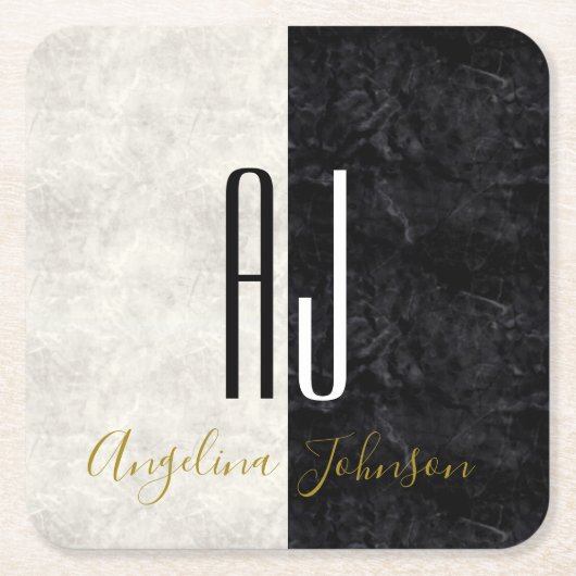 白黒大理石モノグラムの スクエアペーパーコースター (正面)