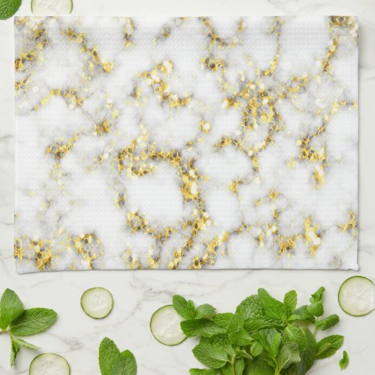 白黒大理石金ゴールドスパークルフレークのテクスチャ キッチンタオル (折り畳み)