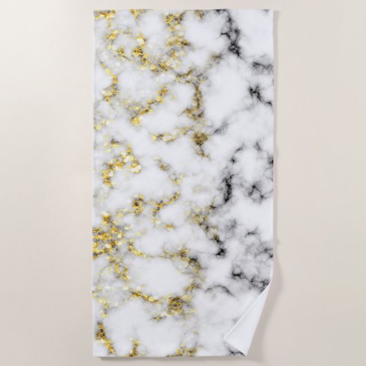 白黒大理石金ゴールドスパークルフレークのテクスチャ ビーチタオル (正面)