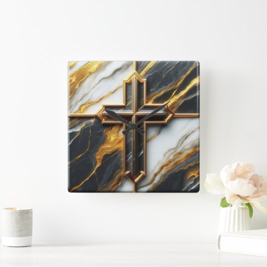 白黒大理石金ゴールド開扉 スクエア壁時計 (ホーム)