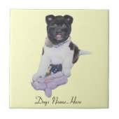 白黒子犬の秋田の薄紫のテディの写真 タイル (正面)