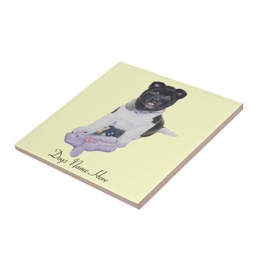 白黒子犬の秋田の薄紫のテディの写真 タイル (側面)