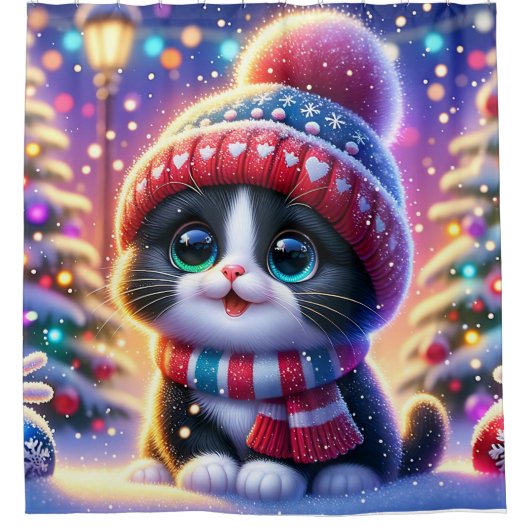 「白黒子猫の初めてのクリスマス外出」 シャワーカーテン (正面)