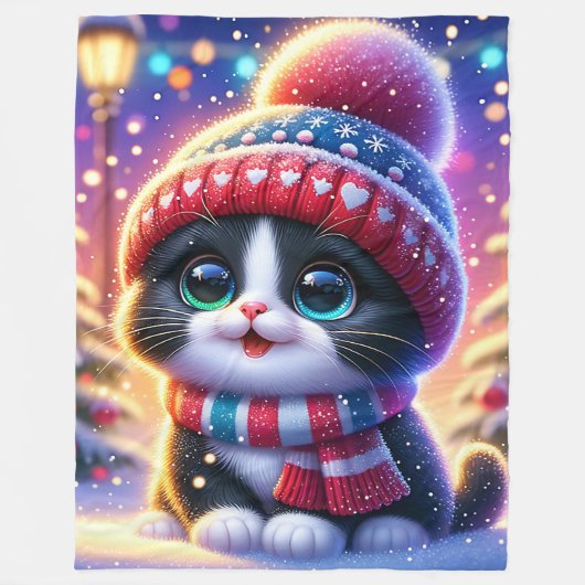 「白黒子猫の初めてのクリスマス外出」 フリースブランケット (正面)