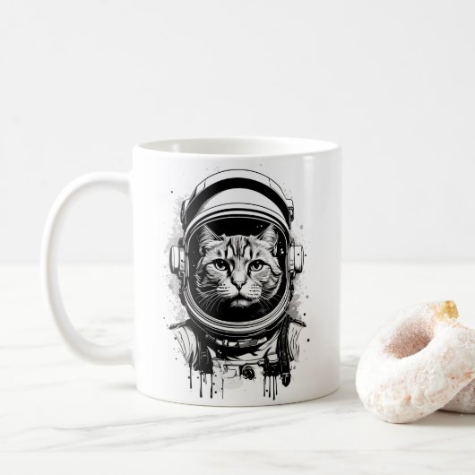 白黒宇宙飛行士の猫 コーヒーマグカップ (ドーナツ)