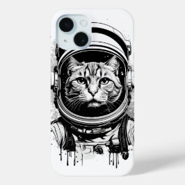 白黒宇宙飛行士の猫 iPhone 15ケース