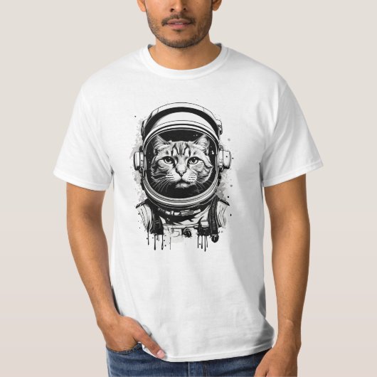 白黒宇宙飛行士の猫 Tシャツ (正面)