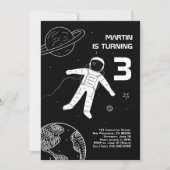 白黒宇宙飛行士モダン宇宙誕生日 招待状 (正面)