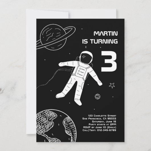 白黒宇宙飛行士モダン宇宙誕生日 招待状 (正面)