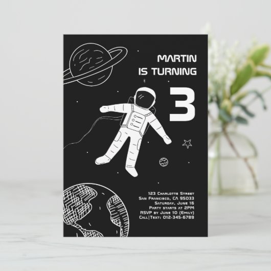 白黒宇宙飛行士モダン宇宙誕生日 招待状 (スタンド正面)