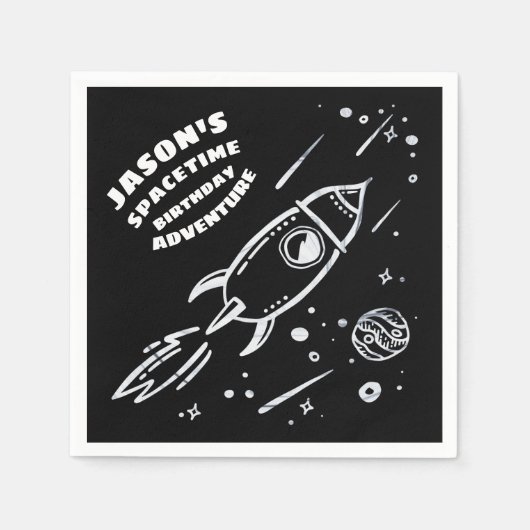 白黒宇宙飛行士誕生日ナプキン スタンダードカクテルナプキン (正面)