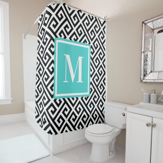 白黒対角ギリシャ鍵ターコイズモノグラム シャワーカーテン (インサイチュ)