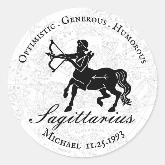 白黒射手座〔占星術の〕十二宮図占星術カスタム ラウンドシール (正面)