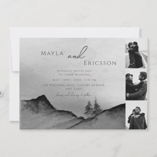 白黒山松の木3枚結婚の写真 招待状 (正面)
